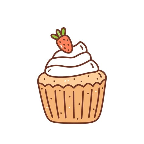 Cupcake with cream and strawberries isolated on white background. Cute dessert with berries. Vector hand-drawn illustration in doodle style. Perfect for holiday designs, cards, decorations, logo, menu Cake Doodle Cute, Strawberry Cupcake Drawing, Cupcake Vector Illustration, Baking Cute Illustration, Cupcake Doodle Cute, Cupcake Cute Drawing, Cartoon Desserts Drawings, Cupcake Drawing Aesthetic, Cute Strawberry Doodle