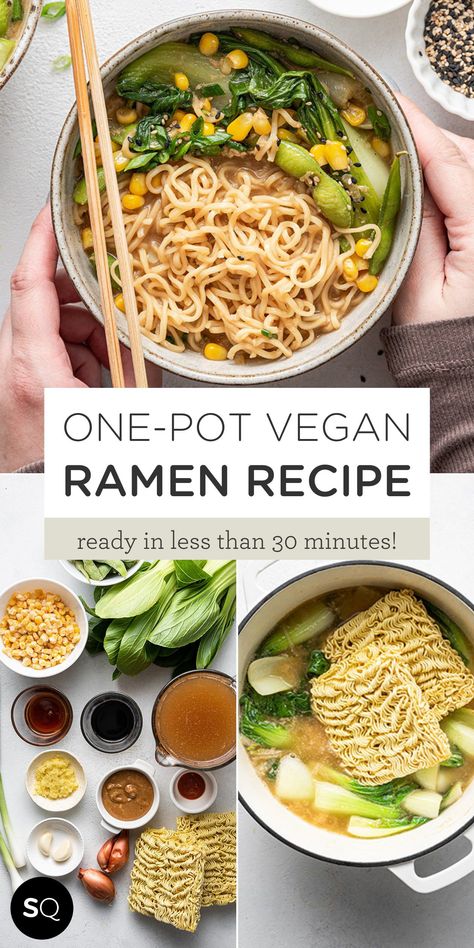 Simple Vegan Ramen Recipes, Ramon Noodles Recipes Vegan, Healthy Vegan Ramen, Raman Noodles Recipe Vegan, Vegan Ramen Broth Recipe, Homemade Veggie Ramen, Veggie Ramen Soup, Dairy Free Ramen Recipe, Easy Fast Vegan Dinner