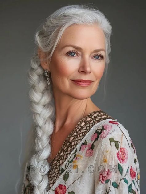 Knotless Styles, Knotless Hairstyles, Women Over 50 Hairstyles, Over 50 Hairstyles, Braids For Women, Side Swept Braid, Dutch Braid Updo, Grey Hair Journey, Braided Chignon