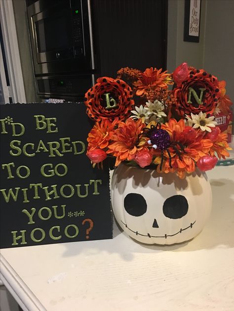 Halloween themed Homecoming Proposal Homecoming Halloween Theme, Homecoming Proposal Ideas Halloween, Scary Movie Hoco Proposal, Fall Homecoming Proposals, Hoco Proposals Ideas Halloween, Halloween Hoco Posters, Fall Themed Dance, Halloween Dance Proposal, Halloween Homecoming Proposal