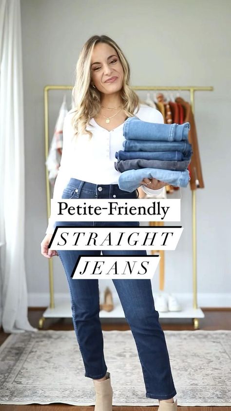 Petite-Friendly Straight Leg Jeans | Pinterest Jeans Outfit 2022 Women, Straight Leg Jeans Outfits 2023, Straight Leg Jean Outfits Winter, Jeans For Women In 30's, Straight Jeans Petite, Outfit Jean Slim, Petite Straight Leg Jeans, Straight Jeans For Women, Jeans 2022 Trends Women