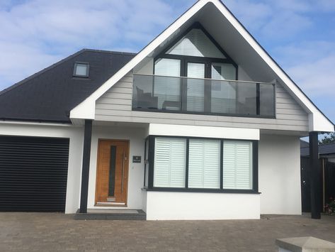 Grey Cladding Exterior, Dorma Bungalow, Front Dormer, House Exterior Cladding, Chalet Bungalow, Contemporary Bungalow, Rendered Houses, Dormer Bungalow, Modern Bungalow Exterior