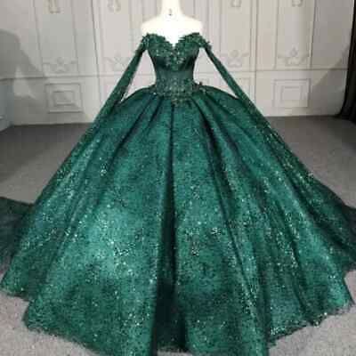 ad eBay - The dress features a sweetheart neckline and off-the-shoulder sleeves, with delicate lace appliques and beading accents. The dress is handmade with high-quality materials including polyester, modal, and spandex. Emerald Green Quince Dresses With Gold, Green And Gold Quince Dress, Quinceanera Dresses Emerald Green, Emerald Quinceanera Dress, Emerald Green Quince Dress, Dark Green Quinceanera Dresses, Emerald Green Ball Gown, Emerald Green Quinceanera Dresses, Quinceanera Dresses Green