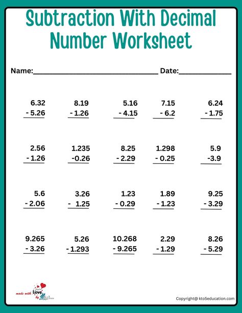 Subtraction With Decimal Number Worksheets For Kids | FREE Download Decimal Subtraction Worksheet, Decimal Fractions Worksheets, Subtracting Decimals Worksheet, Decimals Addition, 5th Grade Math Games, Adding Decimals, Mental Maths, Mental Maths Worksheets, 5th Grade Worksheets