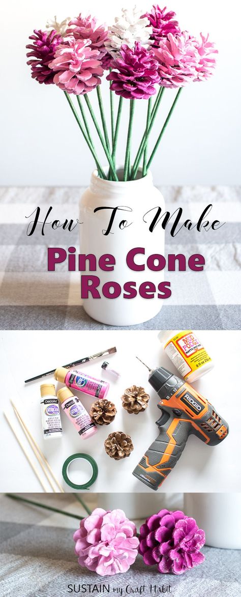 So pretty and simple! How to make pine cone roses plus 29 more Valentine’s ideas / pinecone crafts / Valentines decor idea / rustic decor #valentinesday #farmhousestyle #cbvalentines #cdnblogsquad Painted Pinecones, Pine Cone Art, Diy Pinecone, Pink Crafts, Pine Cone Decorations, Cones Crafts, Pine Cone Crafts, Colorful Bouquet, Belem