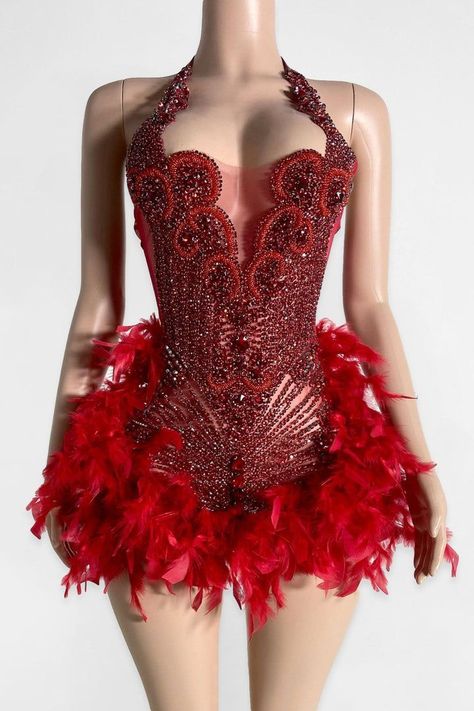 Moulin Rouge Outfits, Feather Mini Dress, Burlesque Outfit, Beaded Mini Dress, Burlesque Costumes, Beaded Bodice, Skating Dresses, Wet Look, Red Bead