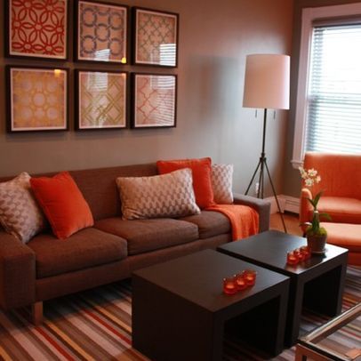 Living Room Brown And Orange Design, Pictures, Remodel, Decor and Ideas - page 2 Brown Couch Living Room, Brown Living Room Decor, Living Room Brown, Furnitur Ruang Keluarga, Living Room Decor On A Budget, Room Brown, Living Room Orange, Single Room, Trendy Living Rooms