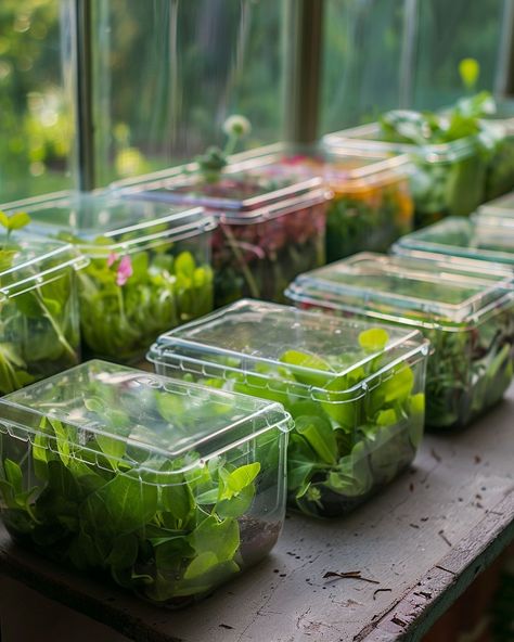 10 cheap ways of making a greenhouse, including using a plastic salad container Raised Bed Greenhouse, Plastic Greenhouse, Growing Seedlings, Greenhouse Frame, Greenhouse Cover, Salad Container, Large Greenhouse, Clear Plastic Sheets, Build A Greenhouse