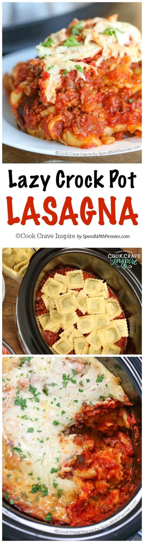 Lazy Crock Pot Lasagna is a family favorite and so quick and easy to make! A delicious meat sauce is layered with cheese and spinach filled ravioli and loads of gooey cheese and cooks up perfectly in the slow cooker. This is one meal that everyone will agree on. Lazy Crock Pot Lasagna, Lasagna Ravioli, Crock Pot Lasagna, Beef Lasagna Recipe, Crock Pot Food, Crockpot Lasagna, Pot Lasagna, Crockpot Dishes, Fettuccine Alfredo