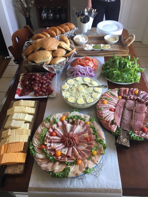 Homemade party lunch platters Italian style Brunch Luncheon Ideas, Easter Sandwiches Buffet, Italian Catering Buffet, Light Lunch Buffet Ideas, Easy Wedding Finger Food Ideas, Sandwhich Platters Party, Sub Platter Ideas, Lunch Meat Trays Party Platters, Salad And Sandwich Bar