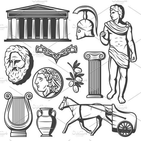 Vintage Ancient Greece Elements Set by VectorPot on @creativemarket Roman Drawings, Greece Tattoo, Greek Drawing, Ancient Greece Art, Greek Symbols, Greek Helmet, Greece Mythology, Greece Painting, Zestaw Ikon