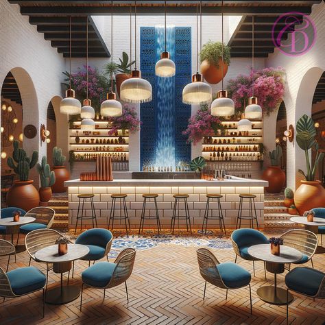 My @giLherrera twist of a Modern Mexican Hacienda Lobby Bar with a touch of Tulum/Cabo Vibez〰️🇲🇽 (I LOVE breeze block, do you?) . At CoLores Decor Our team is constantly experimenting with textures & “WOW” styles for a UNIQUE statement design for any room…Introducing TOP 🇲🇽 MeXican Artisan Design & CATAPULTING our culture’s Talent through the vision of our founder, GiL Herrera @giLherrera ♥️ . You think you know MeXican Artisan Design, but you have NO IDEA how PASSIONATE , CREATIVE, MASTERFUL... Modern Mexican Restaurant Design, Mexican Cafe Interior, Modern Interior Restaurant, Mexican Bar Ideas, Modern Mexican Hacienda, Restaurant Bar Ideas, Mexican Restaurants Interior, Modern Mexican Restaurant, Modern Mexican Decor