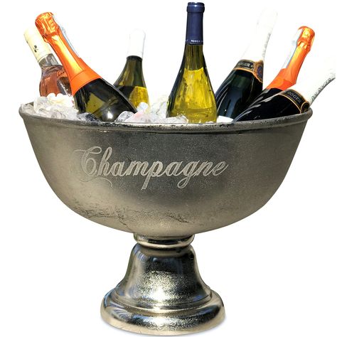 PRICES MAY VARY. Welcome and entertain. Keep your guests thrilled when they enjoy chilled bubbly from this gorgeous champagne bucket that radiates old world panache. Ready to party and chill, fill it with ice and showcase your celebration champagnes, wines and beverages with spectacular style as they stand nearby to serve. High quality craftsmanship. Made of cast nickel plated aluminum with a silver tone antique finish, this hand polished champagne bucket boasts a beautiful shine. Great size and Luxury Champagne, Hampton House, Champagne Bucket, Script Text, Bar Essentials, Champagne Buckets, Beverage Cooler, Easter Celebration, Welcome Gifts