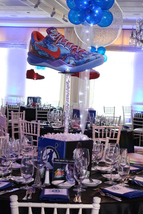 Sneaker Themed Centerpiece Sneaker Themed Bar Mitzvah Centerpiece with Custom Logo, Photos Bar Mitzvah Centerpieces, Mitzvah Centerpieces, Themed Centerpieces, Sneaker Ball, Diy Sneakers, Birthday Party Centerpieces, Balloon Arrangements, Creative Valentines, Diy Valentines Crafts