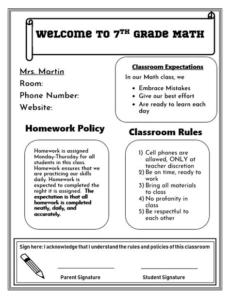 Middle School Math Syllabus for your Prealgebra Classroom Teacher Syllabus, No Homework Policy, Algebra Classroom, Maths Syllabus, Syllabus Template, Class Syllabus, Classroom Goals, Middle School Math Teacher, Classroom Expectations