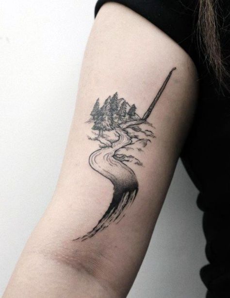 River And Trees Tattoo, Forest And River Tattoo, River Tattoos For Women, River Name Tattoo, Lake Life Tattoo Ideas, Riverbank Tattoo, Whitewater Tattoo, Flowing River Tattoo, River Tatoos Ideas