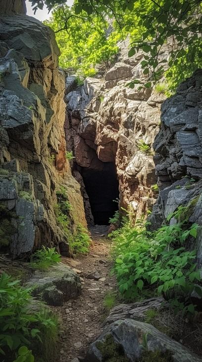 Nestled within a cradle of ancient rocks, a cave's mouth lies shrouded in mystery beneath a canopy of green. Dappled sunlight filters through the leaves, casting a warm glow on the stoic grey stones that have stood timeless through the eras. This secluded spot, quietly tucked away from the world's prying eyes, invites the inquisitive souls to explore the secrets it has harbored in the quiet solitude of nature. Nature And Environment Art, Cave Entrance Illustration, Enviroments Reference Photo, Cave Entrance Concept Art, Fantasy Cave Entrance, Cave In Forest, Aesthetic Cave, Cave Aesthetic, Mountain Cave