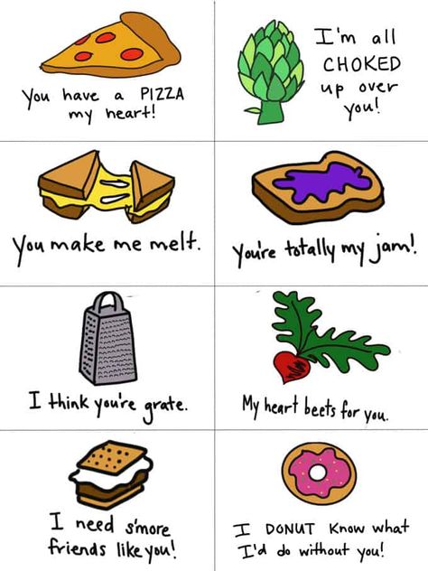 These adorable and funny food puns Valentine's Day note cards are perfect for tucking into a lunchbox or handing out to friends! Valentines Day Puns For Kids, Cheesy Love Notes, Food Valentines Day Cards, Food Puns For Boyfriend, Valentines Puns For Kids, Corny Valentines Puns, Cheesy Valentines Puns, Food Puns Clever, Valentine’s Day Puns