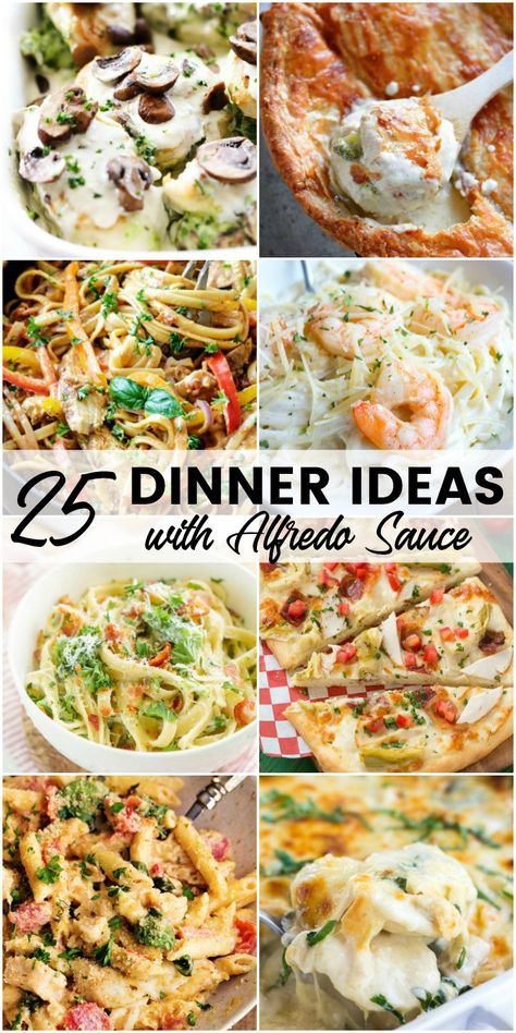 Alfredo lovers will swoon for these 25 Dinner Ideas with Alfredo Sauce!! Creamy, rich, and completely delicious, these supper recipes will make everyone smile! Dinner Recipes With Alfredo Sauce, Food With Alfredo Sauce, Alfredo Pasta Ideas, Recipes Using Alfredo Sauce Dinners, Alfredo Sauce Ideas, Dinner Ideas With Alfredo Sauce, Dinner With Alfredo Sauce, Alfredo Dishes Dinners, Unique Alfredo Recipes