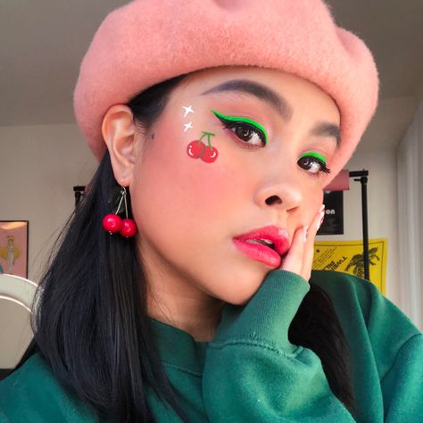 makeup look inspired by the cute cherries in animal crossing new horizons 🍒 Concert Makeup, Pride Makeup, Retro Makeup, Face Paint Makeup, Face Art Makeup, Inspired Makeup, Colored Eyeliner, Makeup Eye Looks, Creative Makeup Looks