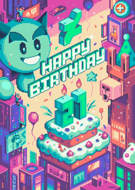 This epic art was created by @pixeljeff! Birthday Pixel Art, Pixel Jeff, Pixel Poster, Art Deco Font, 3d Pixel, Pixel Art Background, New Retro Wave, Pix Art, Pixel Design