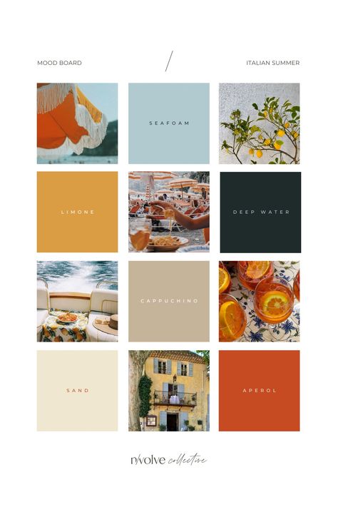 Italian Summer Moodboard, Italian Summer Color Palette, Charcuterie Cart, Italian Color Palette, Mediterranean Summer Aesthetic, Oil Branding, Moodboard Art, Summer Mood Board, Italian Summer Aesthetic