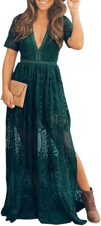 Amazon.com: Eleter Women's Deep V-Neck Lace Romper Short Sleeve Long Dress : Clothing, Shoes & Jewelry