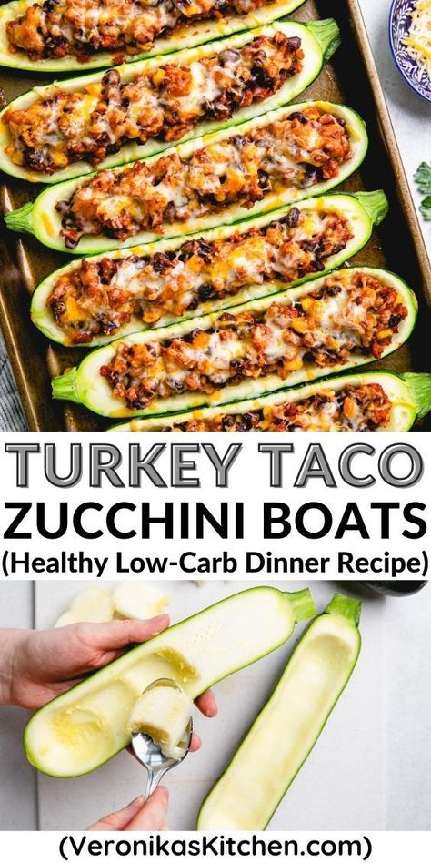 Top photo: Halved zucchini stuffed with a mix of ground turkey, beans, and corn, and topped with melted cheese. Bottom photo: Process photo of scooping out filling from zucchini. Turkey Taco Zucchini Boats, Taco Zucchini Boats, Taco Zucchini, Zucchini Boat Recipes, Dinner Recipes Healthy Low Carb, Ground Turkey Tacos, Healthy Ground Turkey, Turkey Taco, Vegetarian Chicken