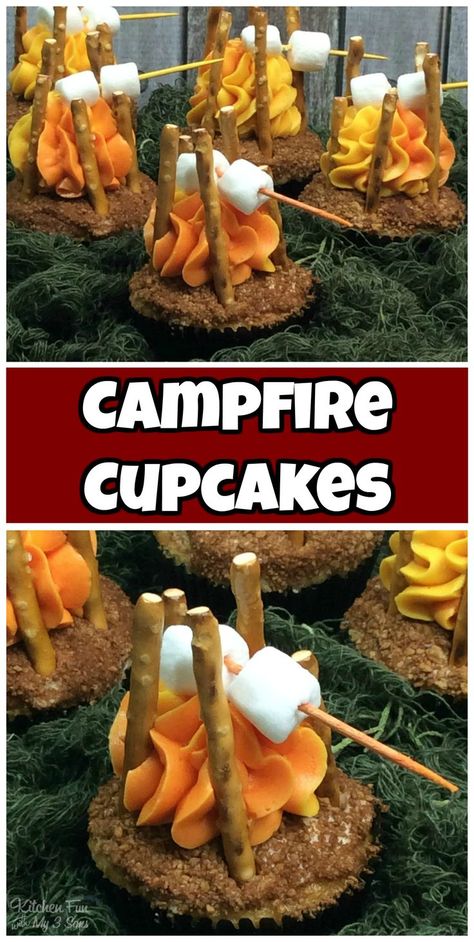 Yummy campfire cupcakes that look like real, tiny campfires! So cute! #cupcakes #camping #baking #food #funfood Halloween Themed Appetizers, Holiday Cookies Thanksgiving, Campfire Cupcakes, Birthday Party Cookies, Holiday Cookies Decorated, Halloween Sugar Cookies Decorated, Camping Theme Birthday Party, Camping Theme Birthday, Weight Watcher Desserts