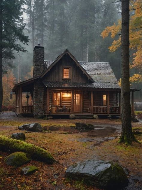 Cabin Home Layout, Fall Cabin Exterior, Brick Cabin House, House By The Woods, Cabins In Mountains, Cabins In Alaska, Cottage In The Forest Aesthetic, Log Cabin Photography, Camping House Ideas