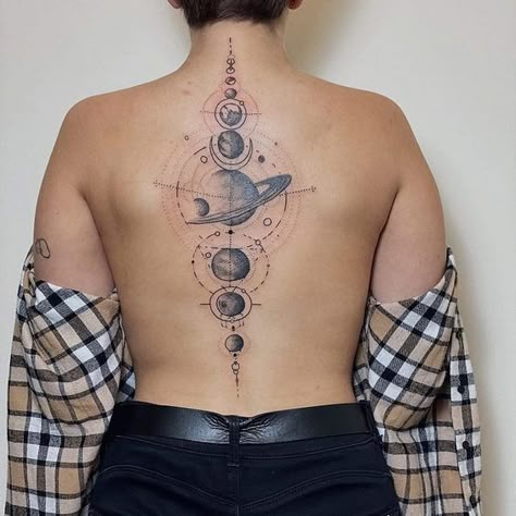 Solar System Tattoo. Spine Tats, Flower Spine Tattoos, Solar System Tattoo, Boho Tattoos, Planet Tattoos, Small Pretty Tattoos, Silhouette Tattoos, Petite Tattoos, Spine Tattoos For Women