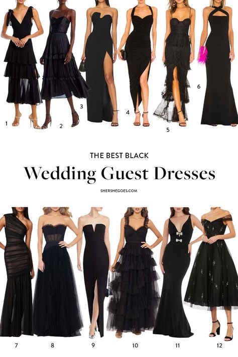 Wedding Attire Black Women, Black Wedding Guest Outfit, Black Tie Attire For Women, Black Tie Dress Code Women, Black Tie Wedding Guest Attire, Black Wedding Guest Outfits, Black Dress Wedding Guest, Black Tie Event Outfit, Appropriate Dresses