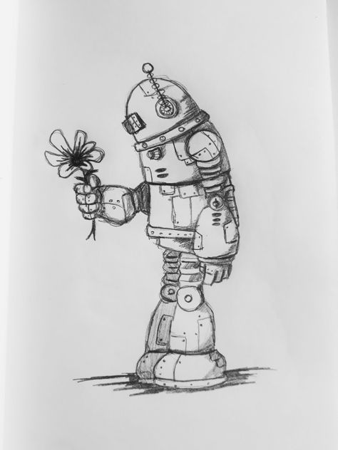 Robot Love Art, Aesthetic Robot Drawing, Retro Robot Tattoo, Robot Sketch Concept Art, Robot Drawing Reference, Robot Concept Art Cute, Robot Drawing Sketches, Humanoid Robot Art, Cute Robot Drawing