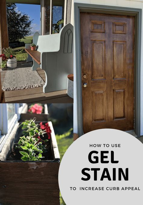 Gel stained front door, porch posts and window boxes. DIY tutorial, how to gel stain your front door. Use inexpensive gel stain to boost your homes curb appeal. #gelstain Painting Metal Doors, Stained Front Door, Gel Stains, Window Boxes Diy, Metal Front Door, Boxes Diy, Front Door Makeover, Stained Doors, Porch Posts