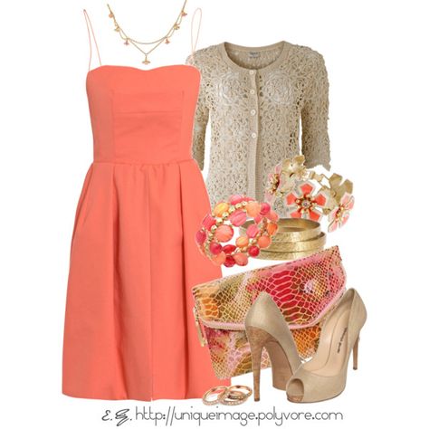 As long as the dress is long enough, I love love love this outfit! I love the jewelry and the cardigan! Tea Attire, Coral Outfit, Capsule Dressing, Classy Dresses, Coral Dress, Spring Fling, Church Outfits, Modieuze Outfits, Complete Outfits