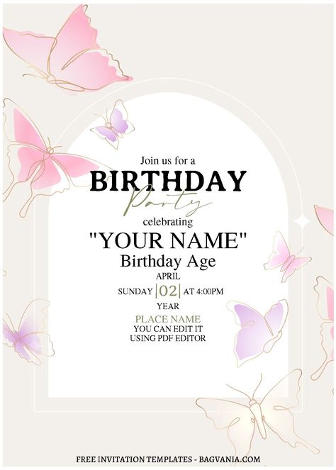 Butterfly Template For Invitation, Buterfluffy Invitation, Birthday Invition Card, Butterfly Birthday Invitations Template Free, 15th Birthday Invitation Template, Butterfly Birthday Party Invitations Free Printable, 11 Birthday Invitations, Cute Bday Invitations, Bday Invitation Cards Aesthetic