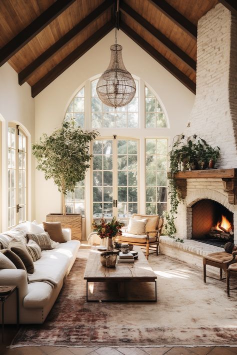 30 Cozy French Cottage Living Room Decor Ideas French Country Style Decor, English Countryside Cottage Interior, Spanish Cottage Living Room, Luxury Cottage Interior, City House Interior, Vintage Fireplace Ideas, Tall Ceiling Living Room Decor, Home Styles Types Of Interior, Spanish Fireplace