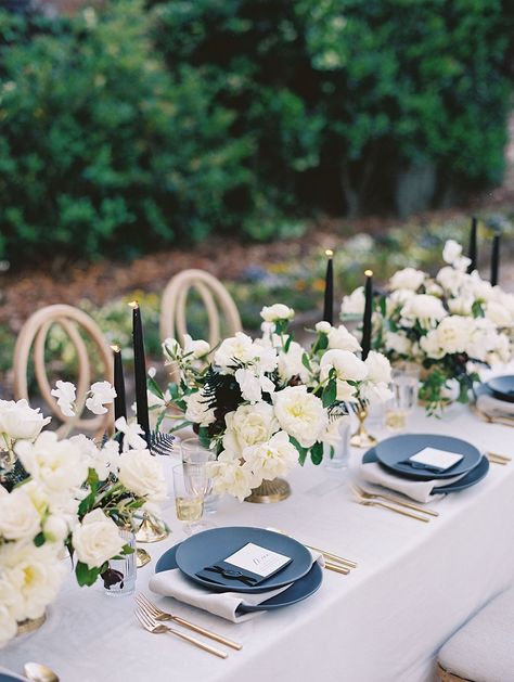 Blue Black Tie Wedding, Blue White And Black Wedding Theme, Black Blue And White Wedding Theme, Slate Blue And Black Wedding, Table Settings Wedding Elegant, Black White Light Blue Wedding, Black Tie Coastal Wedding, Black White Navy Wedding, Black White And Navy Wedding