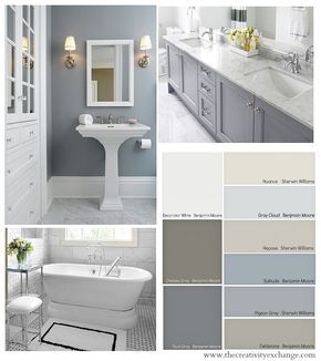 Choosing Bathroom Wall and Cabinet Colors {Paint It Monday} The Creativity Exchange Modern Vintage Bathroom, Vintage Bathroom Decor, White Bathroom Cabinets, Bathroom Color Schemes, Bathroom Paint Colors, Bathroom Color, Bathroom Design Decor, Apartment Bathroom, Trendy Bathroom