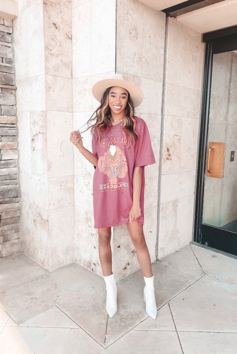 How to style a tshirt dress Cowgirl Tshirt Dress, Band Tshirt Dress Outfit, Tshirt Dress Cowboy Boots Outfit, Tshirt Dress And Cowboy Boots Outfit, Tshirt Dress Concert Outfit, Styling Tshirt Dress, Country T Shirt Dress, Graphic T Shirt Dress Outfit, Graphic Tee Dress Outfit