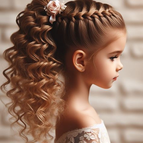 Beauty Pageant Hairstyles For Kids, Pageant Updos For Kids, Formal Hairstyles For Girls Kids, Flower Girl Curly Hairstyles, Wedding Hair For Girls Kids, High Ponytails With Braids, Flower Girl Hairstyles With Braids, Flower Girl Hairstyles Curly Hair, Flower Girl Makeup Kids