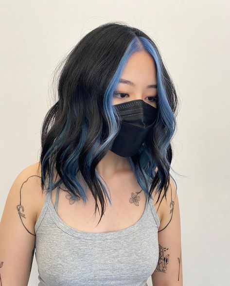 Faceframe Haircolor, Under Hair Dye Blue, Under Hair Dye, Under Hair Color, Blue Brown Hair, Medium Brunette Hair, Blue Hair Highlights, Peekaboo Hair Colors, Color Block Hair