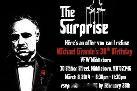 Our customized "Godfather" themed party invitation. Godfather Birthday Theme, God Father Themed Party, The Godfather Party Decorations, Godfather Themed Birthday Party, Godfather Theme Party Ideas, Mafia Themed Birthday Party, Mob Themed Birthday Party, Mafia Theme Party, Mafia Theme