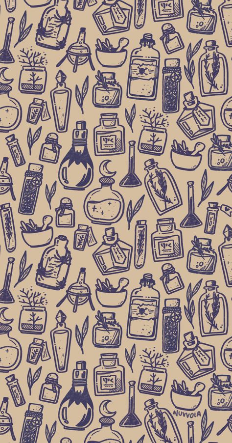 An illustrated repeat pattern design of various bottles of potions and herbs. Medieval, fantasy look with a large variety of forms, shapes and decorations. light brown background and dark blue, aged looking lineart Witch Drawings Simple, Herbalist Aesthetic Wallpaper, Potions Aesthetic Drawing, Simple Potion Bottle Tattoo, Apothecary Phone Wallpaper, Simple Dnd Art, Herbs Drawing Simple, Magic Themed Tattoo, Witch Potion Ingredients