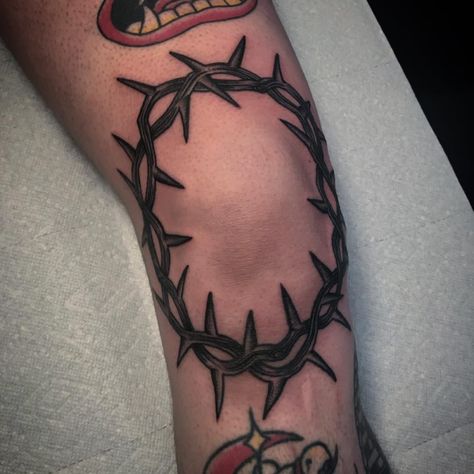 Thorn Ear Tattoo, American Traditional Thorn Tattoo, Thorns Knee Tattoo, Thorn Knee Tattoo, Traditional Thorn Tattoo, Rose Thorn Tattoo, Crown Of Thorns Tattoo, Thorns Tattoo, Tattoo Elbow