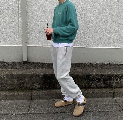 Clogs With Sweatpants, Birkenstock Clog Outfit Men, Birkenstock Boston Outfit Sweatpants, How To Style Boston Birkenstocks Mens, Mens Boston Clogs Outfit, Men’s Birkenstock Boston Outfit, Men’s Boston Clog Outfit, Men Birkenstock Clog Outfit, Mens Birkenstock Clogs Outfit