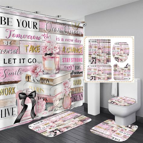 PRICES MAY VARY. Polyester [PREMIUM MATERIAL]: This girly pink fashion shower curtain set is made of premium polyester, which is soft and comfortable. The non-slip bath mat/U type rug are made of high-quality sponge, flannel and non-slip bottom, with super absorption and quick drying. [SIZE INFORMATION]: The rose gold inspirational quotes bathroom shower curtain size: 70.8" L x 70.8" W, the bath mat/rug size: 29.5" L x 17.7" W, the toilet lid cover size: 17.7" L x 13.8" W, the U shape rug size: Bathroom Decor Apartment Girly, Toilet Curtain, Girl Bathroom Ideas, Girly Perfume, Paris Bathroom Decor, Quotes Bathroom, Paris Bathroom, Floral Bathroom Decor, Pink Shower Curtains