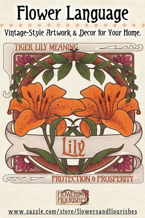 Beautiful vintage-style floral artwork of the tiger lily and its meanings of protection and prosperity. Invite positive energies to your magic aesthetic home with these Art Nouveau-style posters, wall art, and more. A charming design to add meaning to your witchy home. Available on my Zazzle store as a poster. Choose an electronic download to be printed at your convenience, or customize this artwork on another of Zazzle's many products. #flowers&flourishes #ZazzleMade Lily Meaning, Green Witch Aesthetic, Magical Bedroom, Witchy Home, Magical Decor, Art With Meaning, Witchy Home Decor, Posters Wall Art, Vintage Style Art