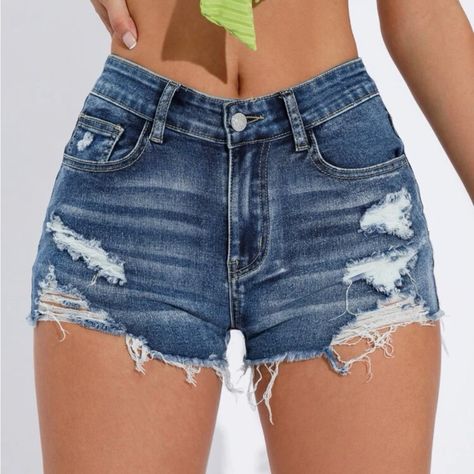 Never Worn Women's Denim Jeans, Ripped Jean Shorts, Short Denim, Dark Denim Jeans, High Rise Denim Shorts, Jeans For Short Women, Distressed Shorts, Slim Fit Shorts, Shorts Jeans