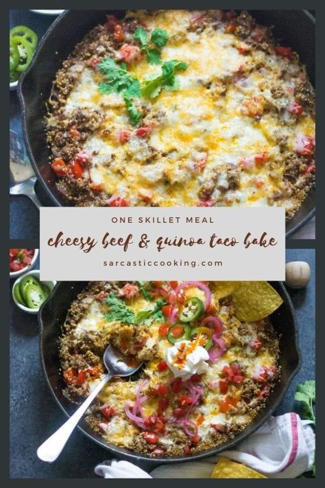 Cheesy Beef & Quinoa Taco Bake | Sarcastic Cooking Ground Beef And Quinoa Recipes, Texmex Recipes, Pepper And Onions, Quinoa Tacos, Ground Beef Enchiladas, Beef Fajitas, Spicy Tacos, Taco Bake, Green Enchilada Sauce